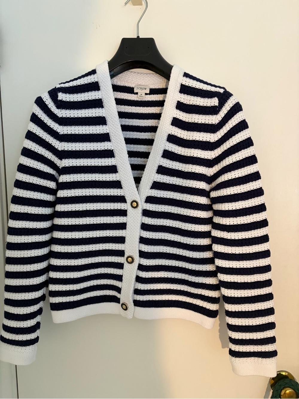 J. Crew Navy and White Striped V-neck cardigan Sweater